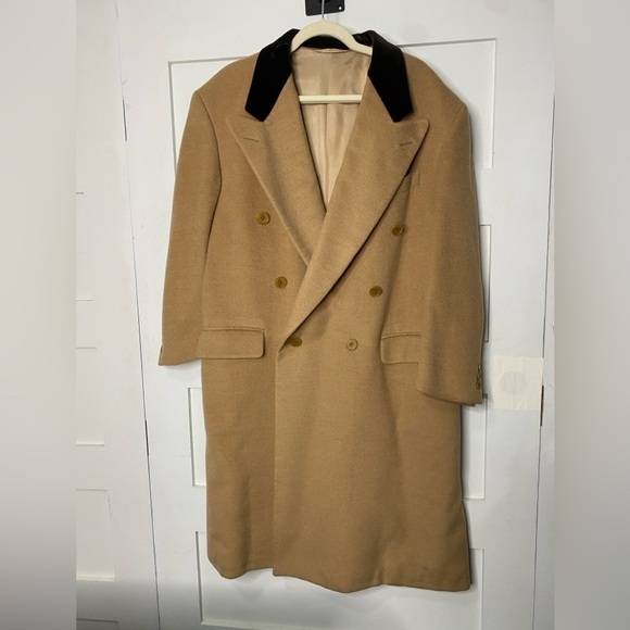 Men's Hickey Freeman Camel Hair Double-Breasted Polo Coat Overcoat-Size Vintage - Picture 1 of 16
